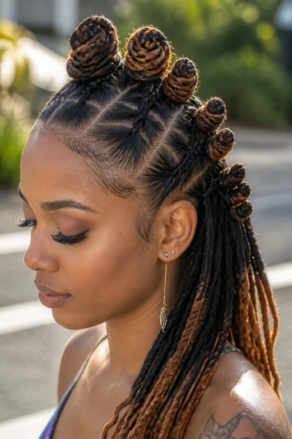 Close-up of a real woman with a high-to-low cascade of Bantu knots across long locs