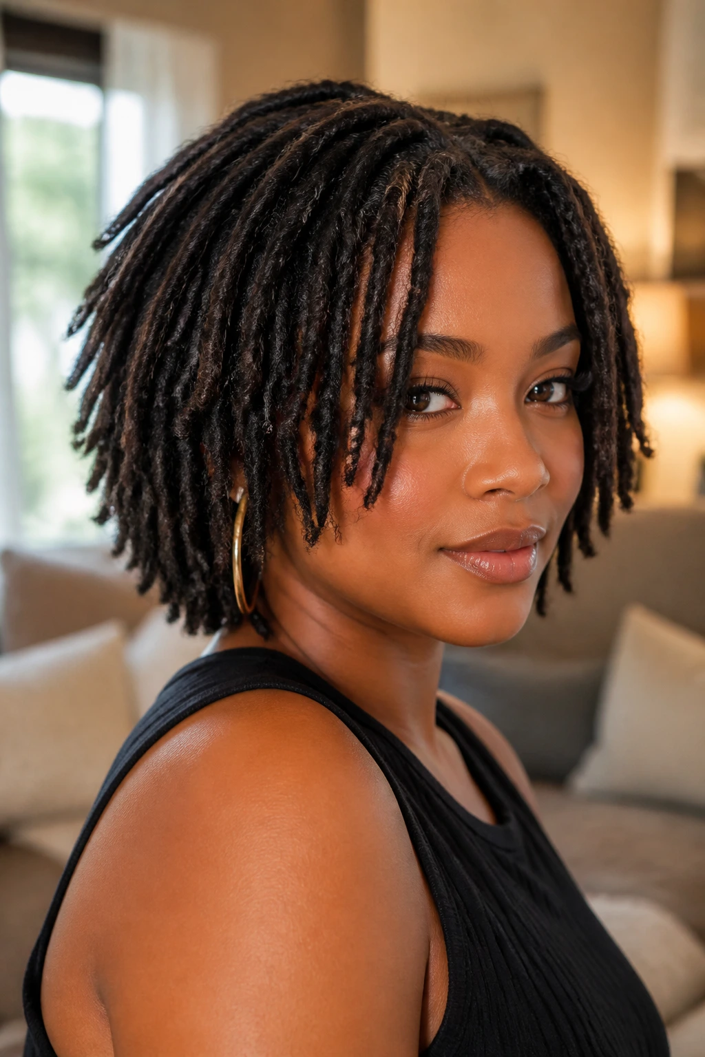 Real person with layered loc bob and face-framing pieces