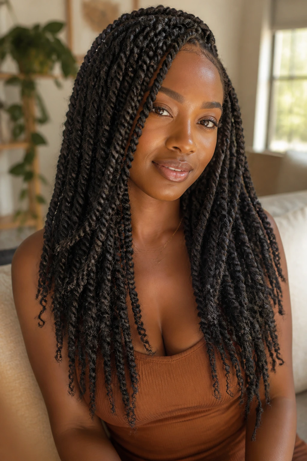 Close-up portrait of a real woman with layered waist-length bulk twists featuring front-shorter layers and longer back lengths.
