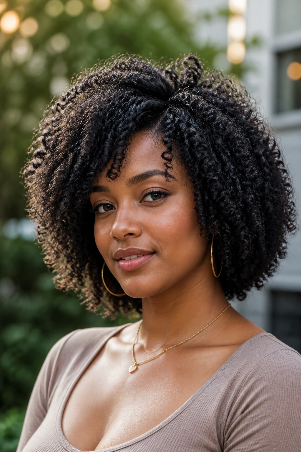 Close-up portrait of a real woman with layered wash-and-go bob