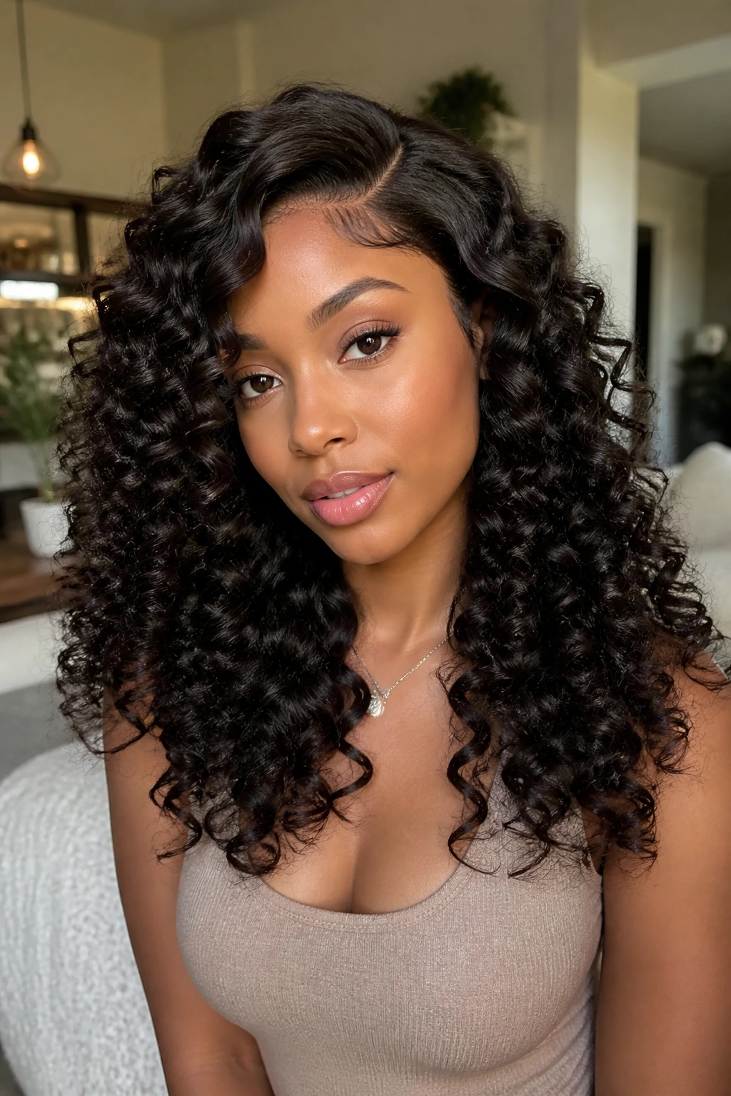 Close-up of real woman wearing layered side-part ringlet wig.