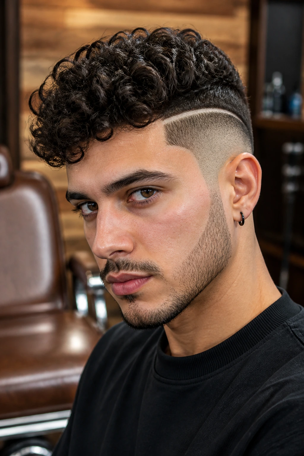 Close-up of a real person with curly undercut featuring a line design