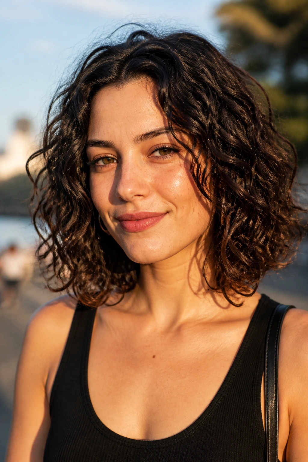 Close-up of a real woman with a lob featuring curly ends in golden hour light.