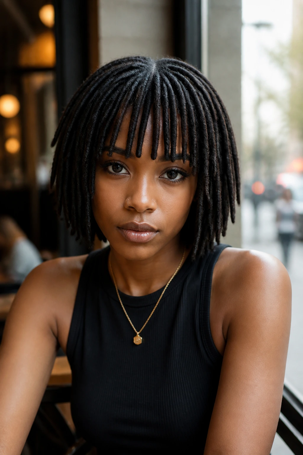 Front portrait of a real person with loc bob and blunt bangs along the brow