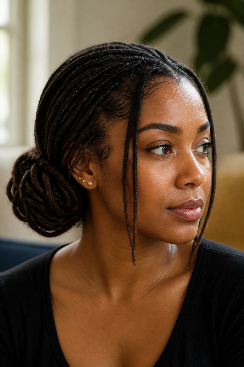 Close-up portrait of a real woman with a loose side bun and face-framing locs in warm window light