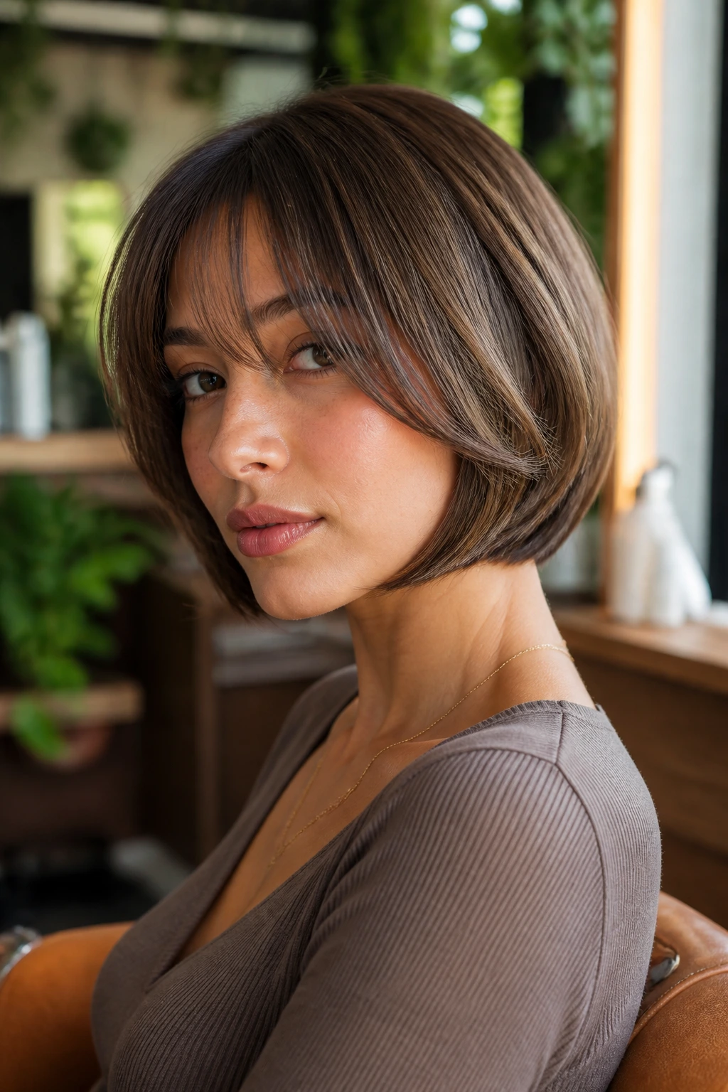 Close-up portrait of a real person with a bob featuring long bangs and tucked ends