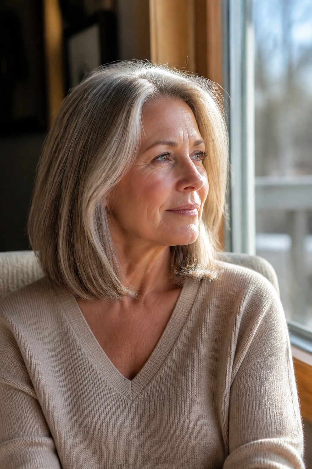 Portrait of a woman with a long bob that skims the shoulders in natural window light.