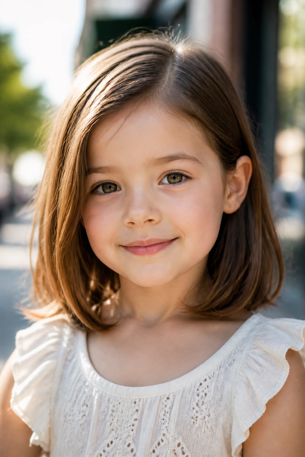 Portrait of a little girl with a long bob and soft ends outdoors