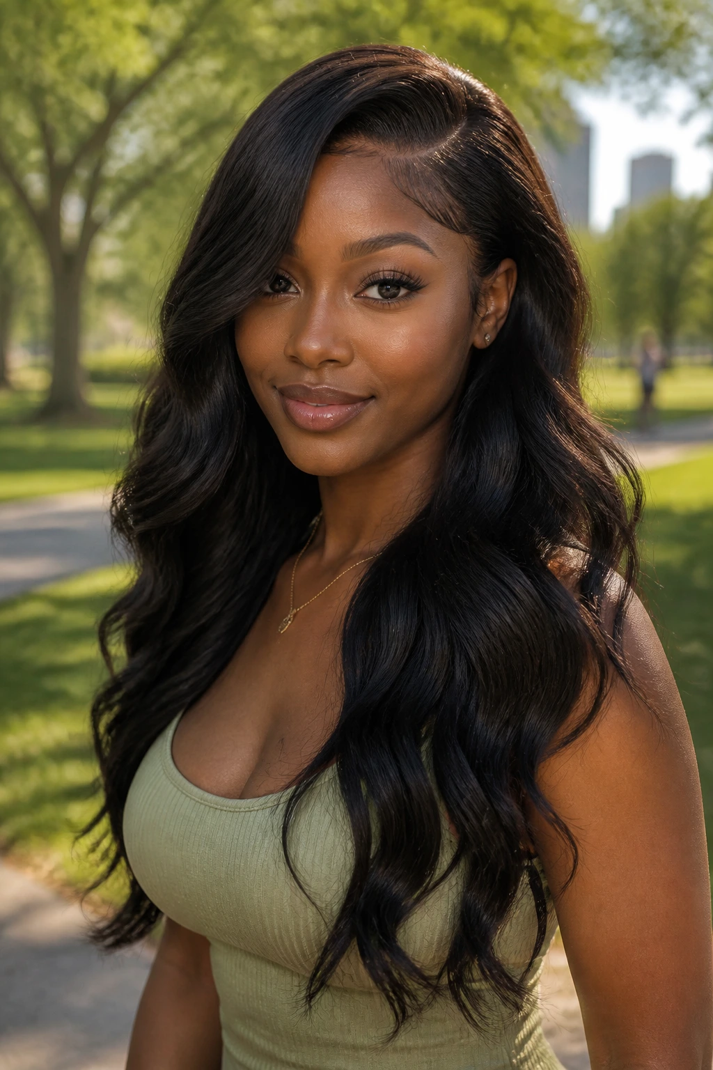 Medium close-up of a real person with long body-wave wig and side part in a park setting
