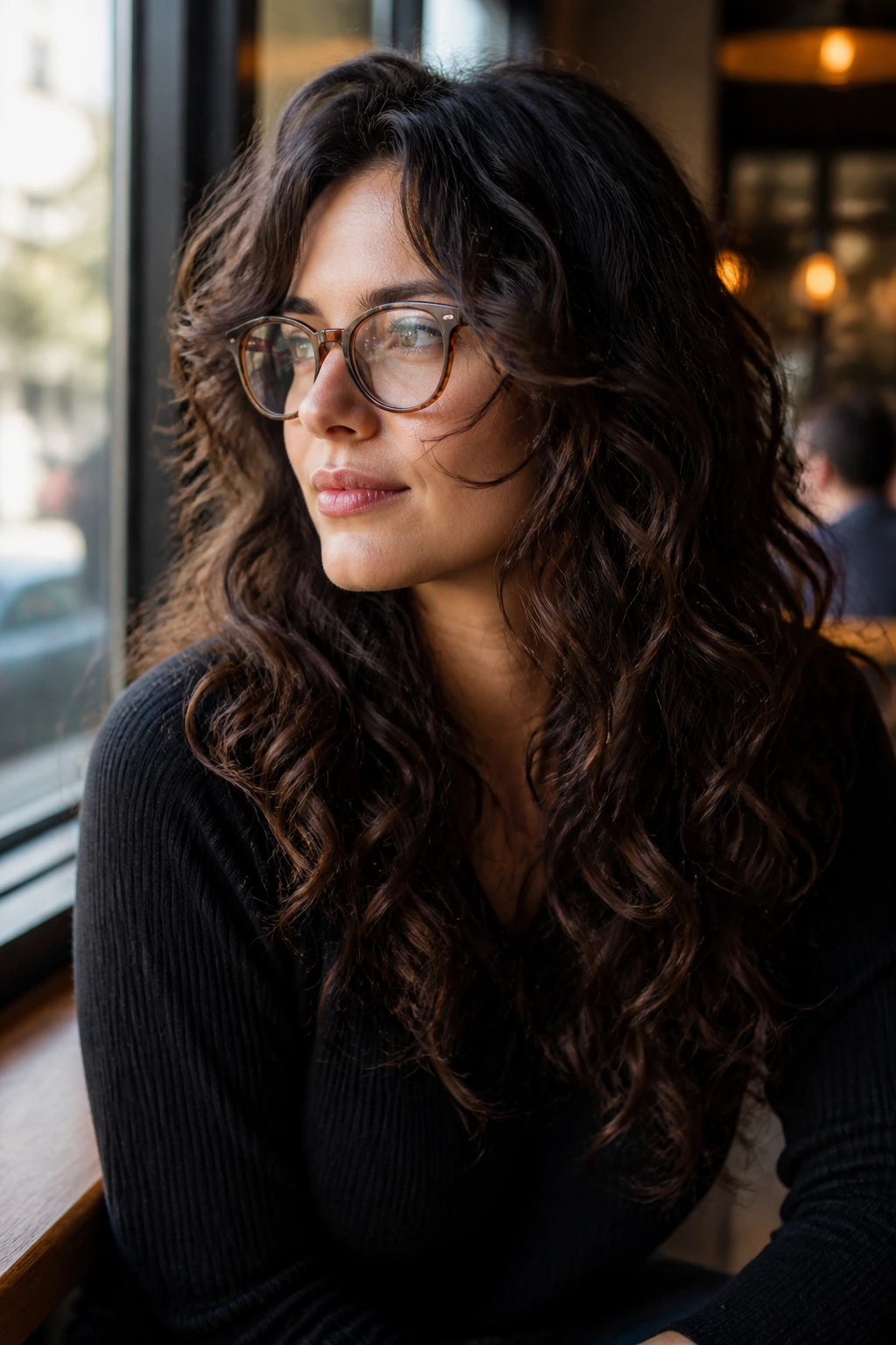 Close-up of real woman with long curls and cheekbone-grazing layers with glasses resting away from eyes