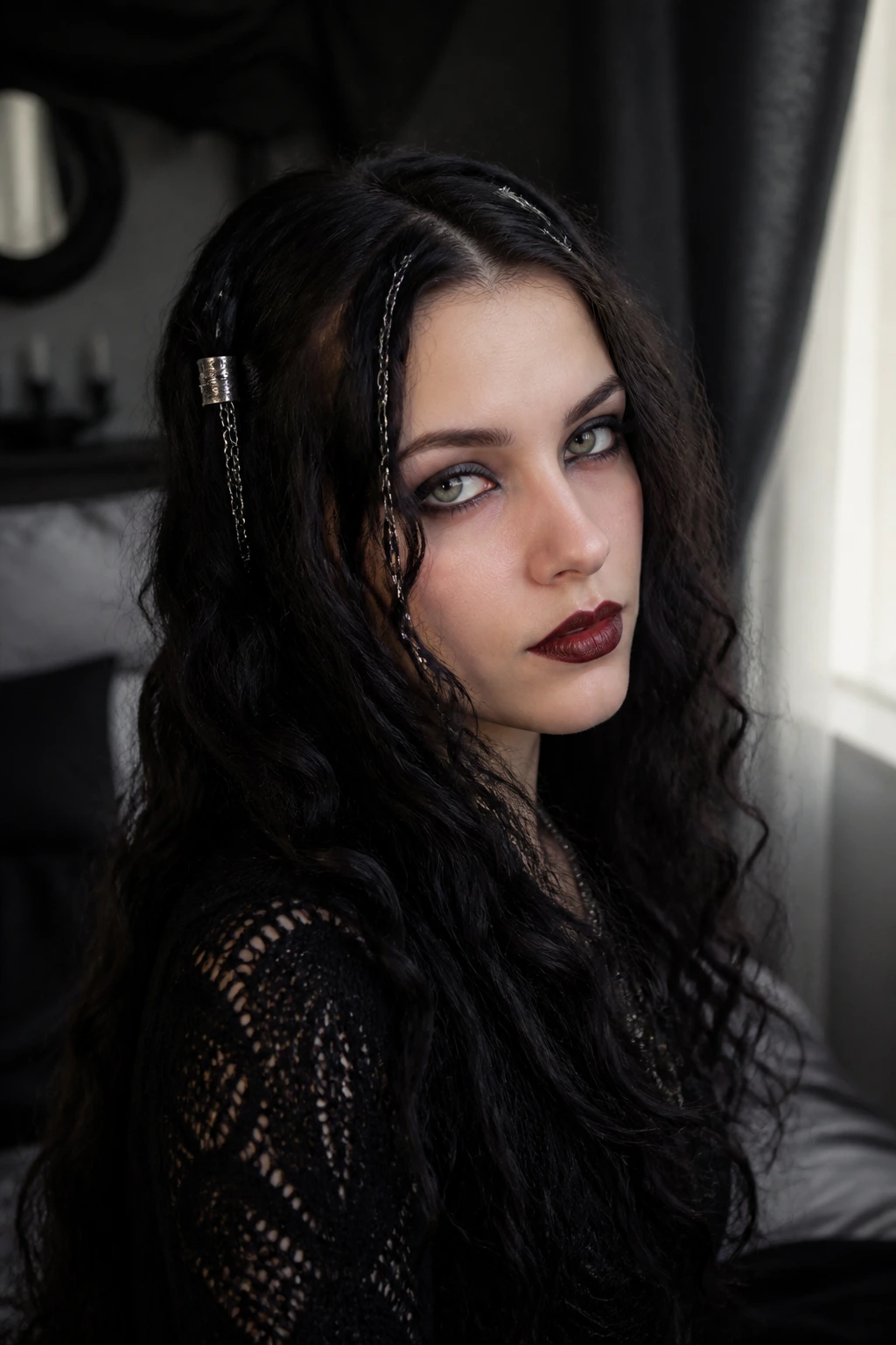 Close-up portrait of a real person with long loose curls and silver hair jewelry in a gothic mood