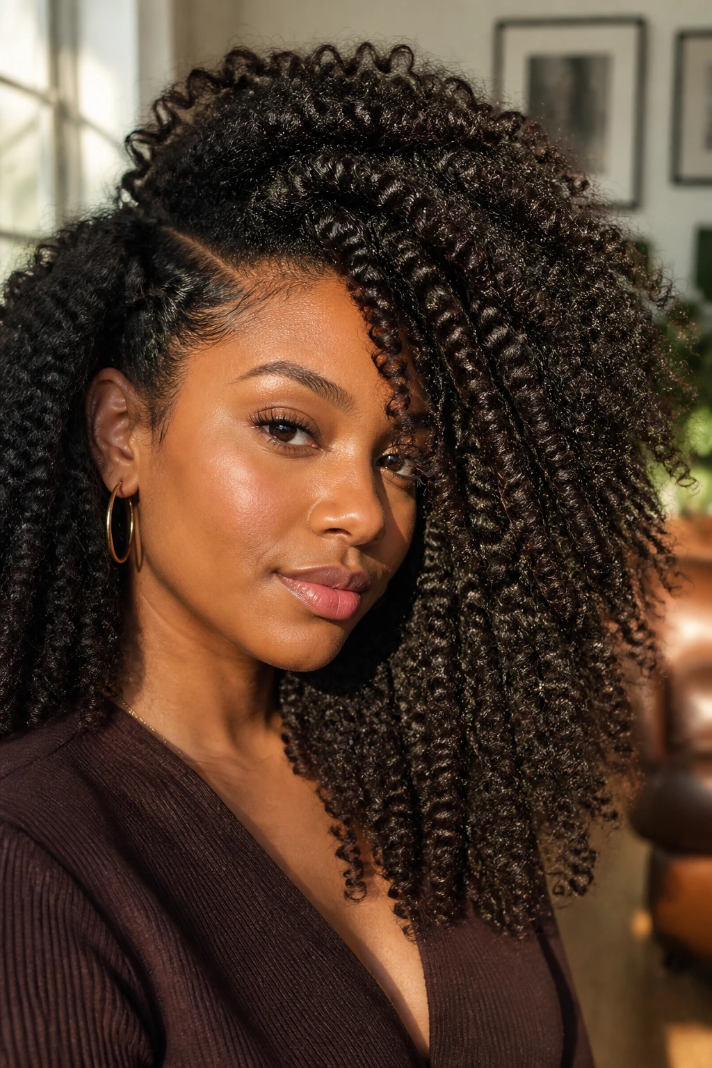 Close-up of a real person with a defined long curly afro and deep side sweep