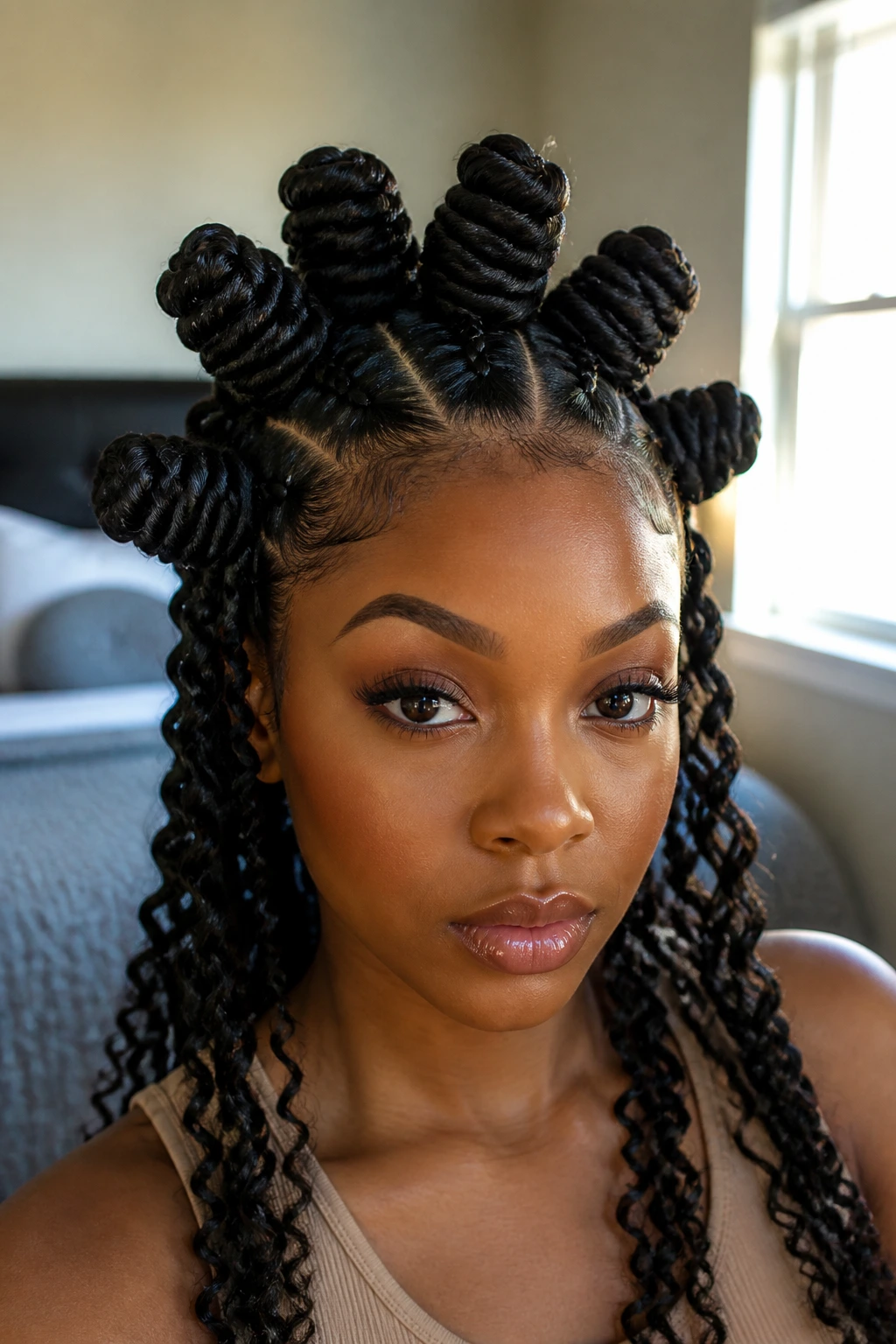 Close-up of a real person with long hair styled into stacked Bantu knots, showcasing length and sculpted coils