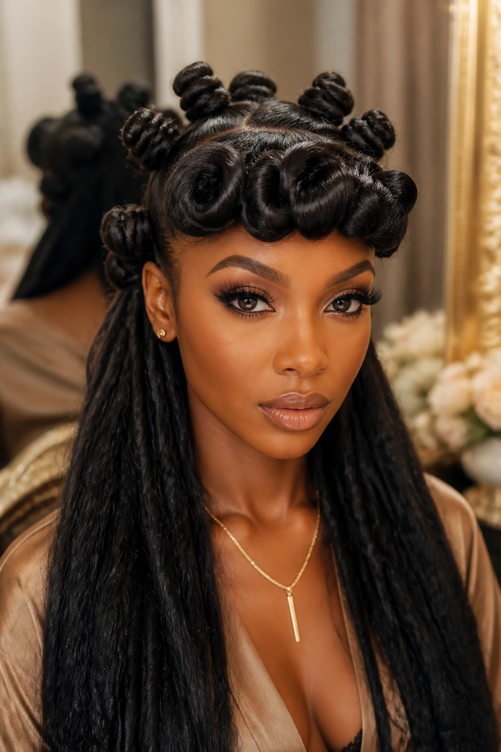 Close-up of real woman with long, stretched knots and rollerset bangs.