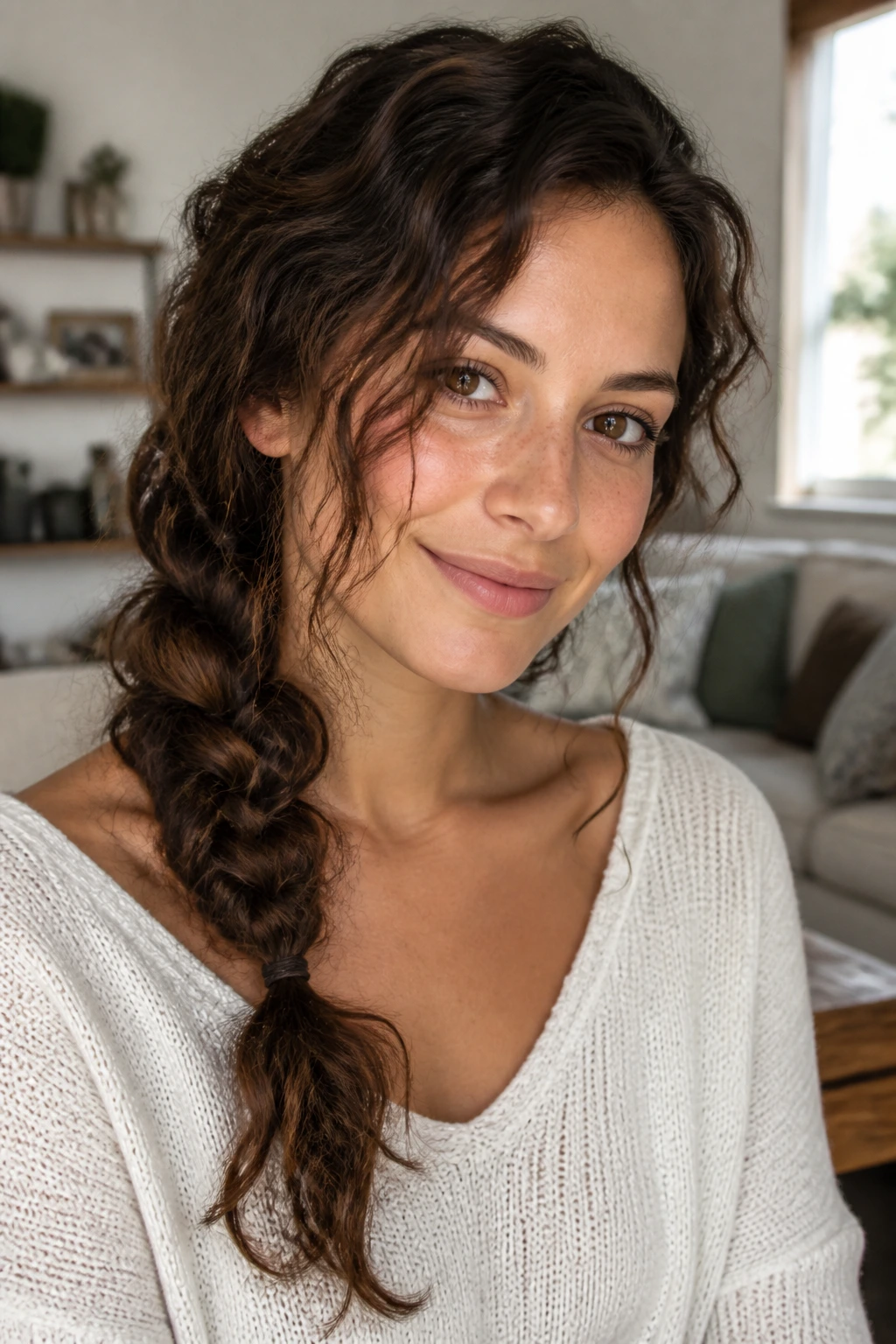 Close-up of a real woman with a loose side braid in 2B waves