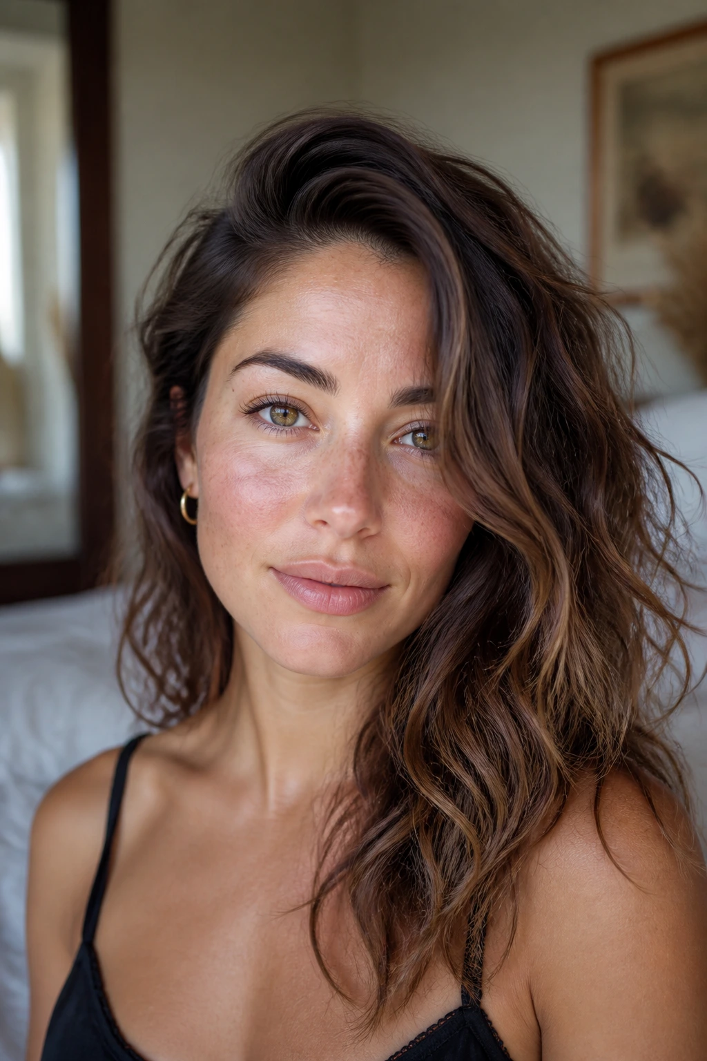 Close-up of a real woman with a loose side part and air-dried waves in natural window light