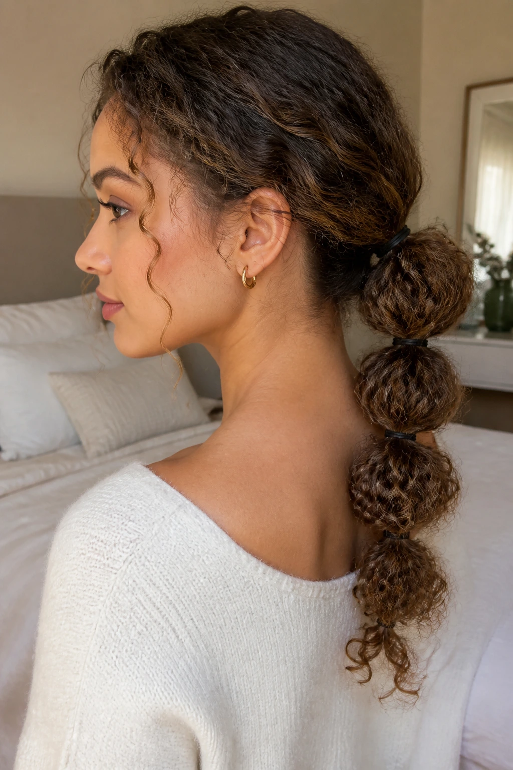 Close-up of a real woman with a low bubble ponytail on curls in warm natural light