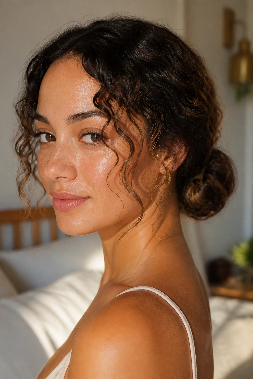 Close-up of a real woman's head and shoulders showing a loose low bun and face-framing curls in natural window light.