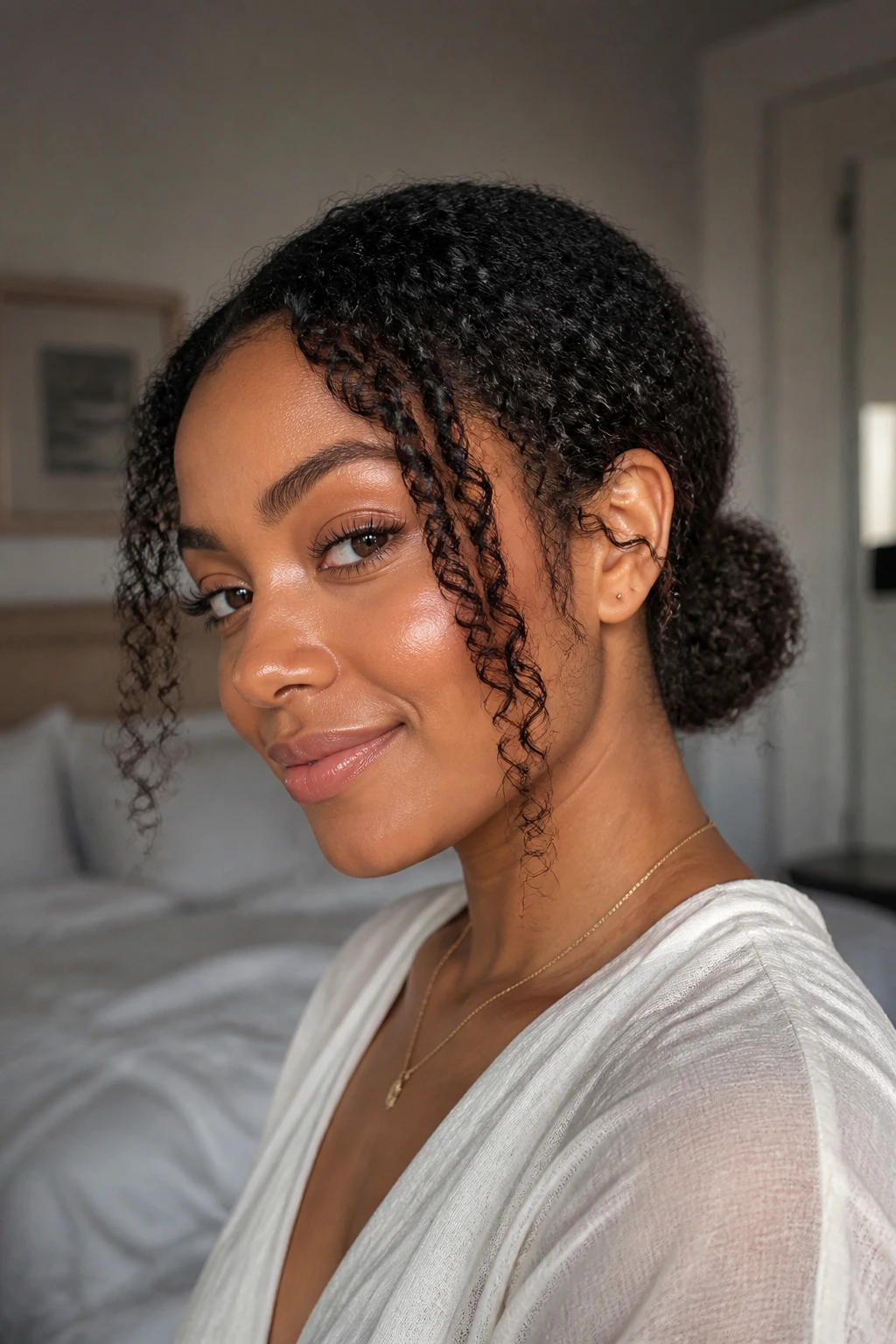 Close-up of real woman with a low bun and curling tendrils around the face