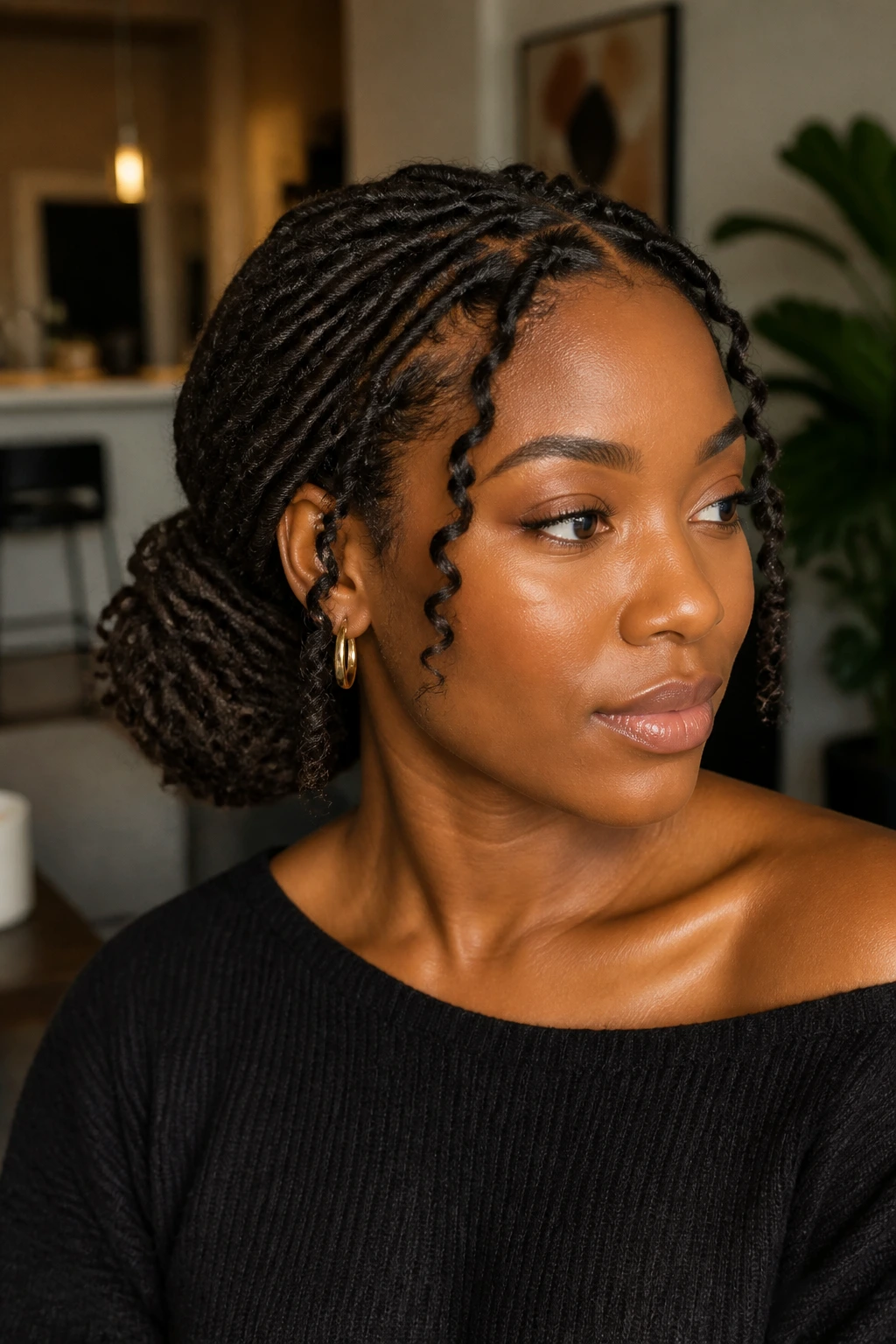 Portrait of a real person with a low curly dreadlock bun at the nape