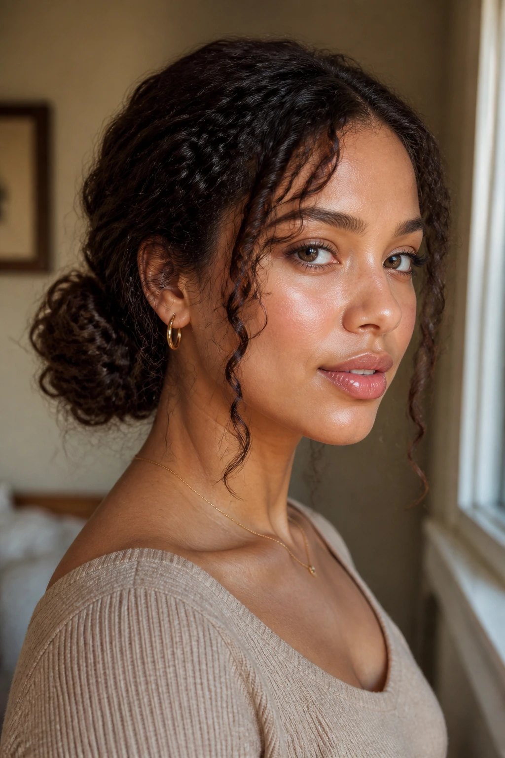 Close-up of a woman with a low bun and face-framing pieces
