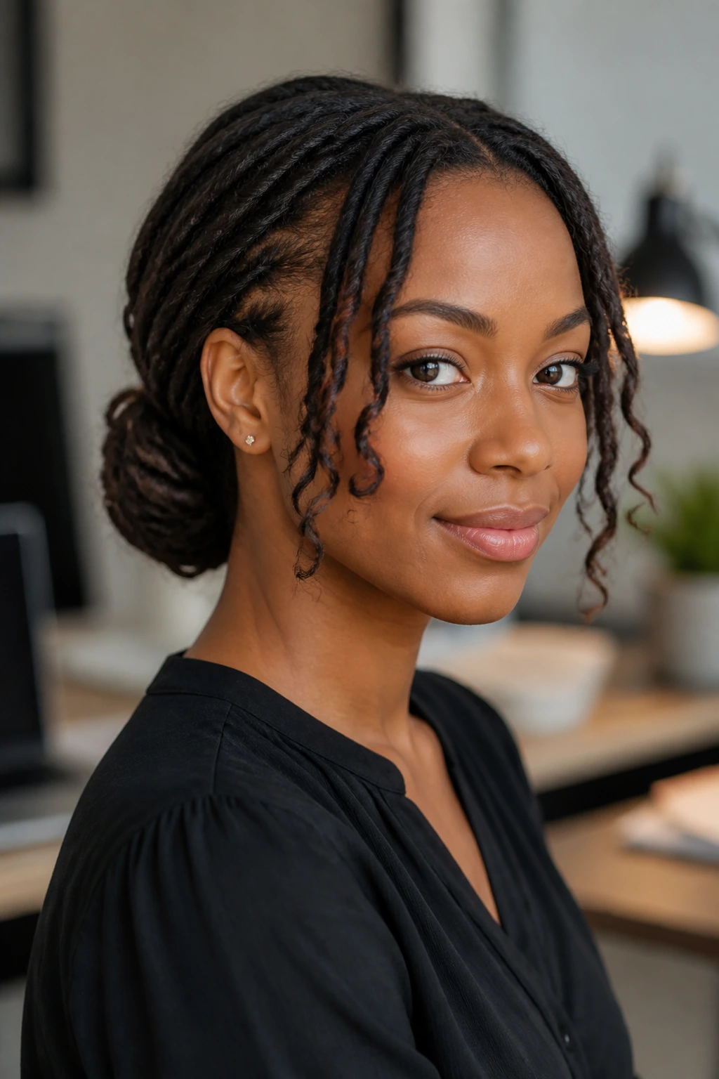 Head-and-shoulders of a real woman with a low bun and face-framing curly loc pieces