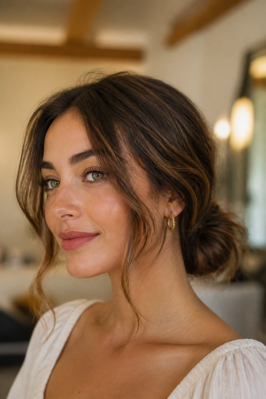Close-up of a real woman with a low loose bun and face-framing pieces
