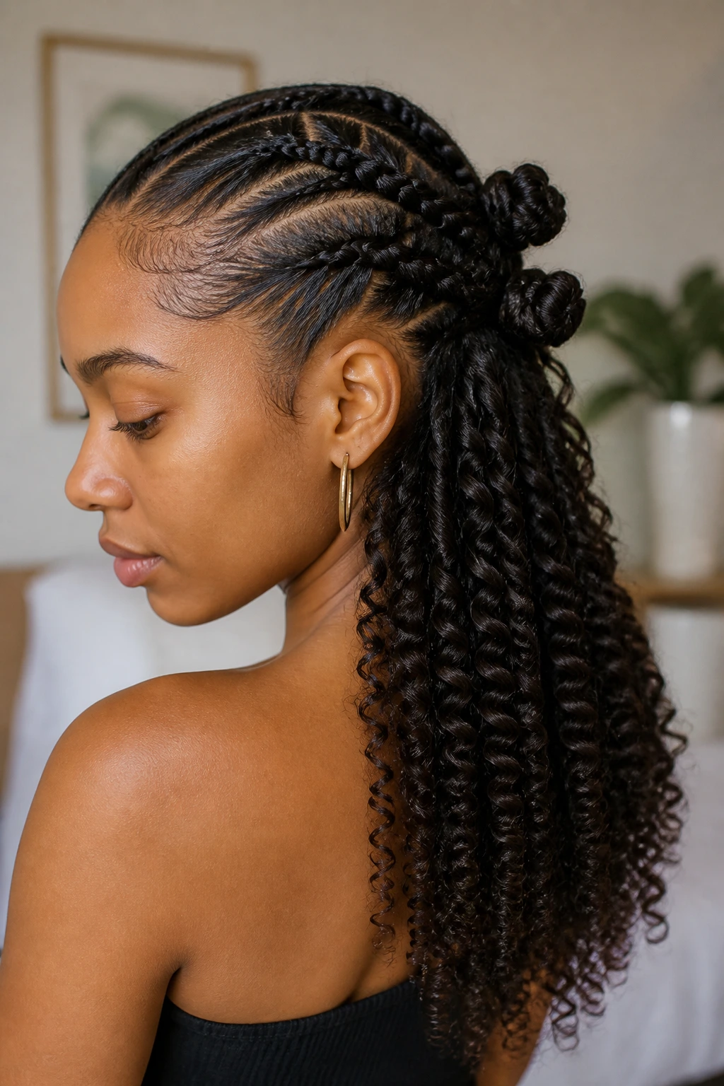 Close-up of low-crown knots with finger coils hairstyle on a real person