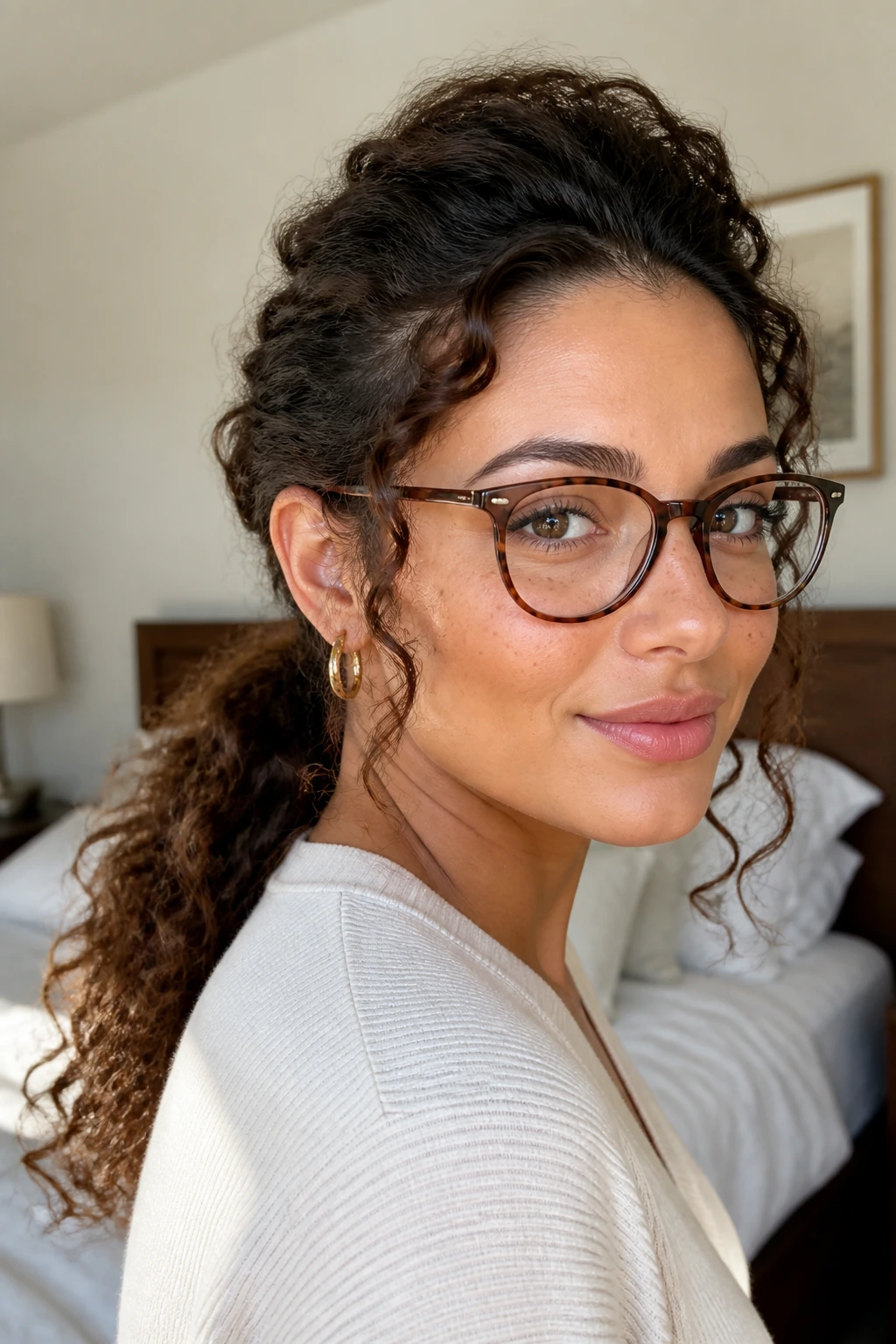 Close-up of real woman with low curly ponytail lifted roots and soft face-framing curls