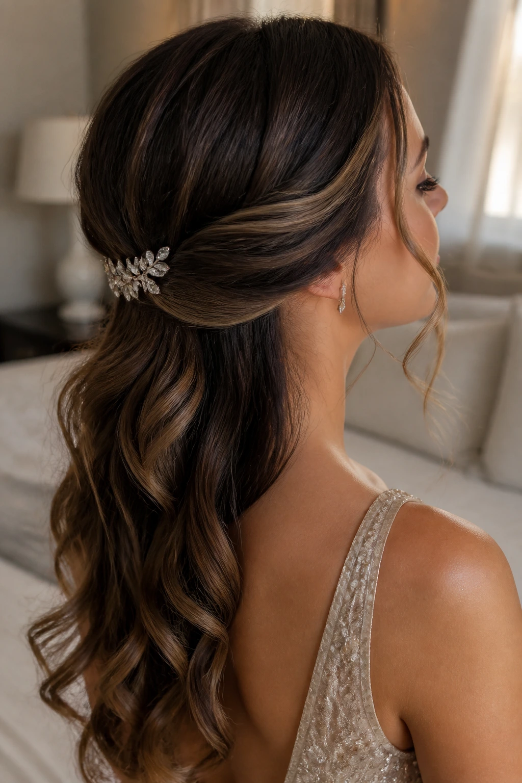 Close-up portrait of a real woman with an elegant low half-up hairstyle featuring a subtle crystal clip
