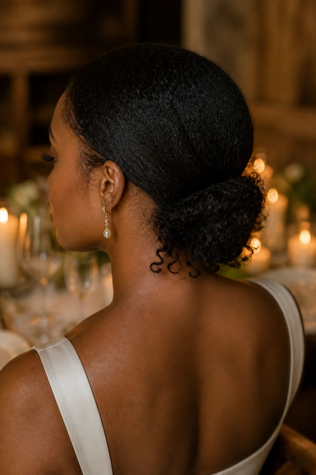 Close-up of a woman with a low knot and soft ends at the nape in candlelight