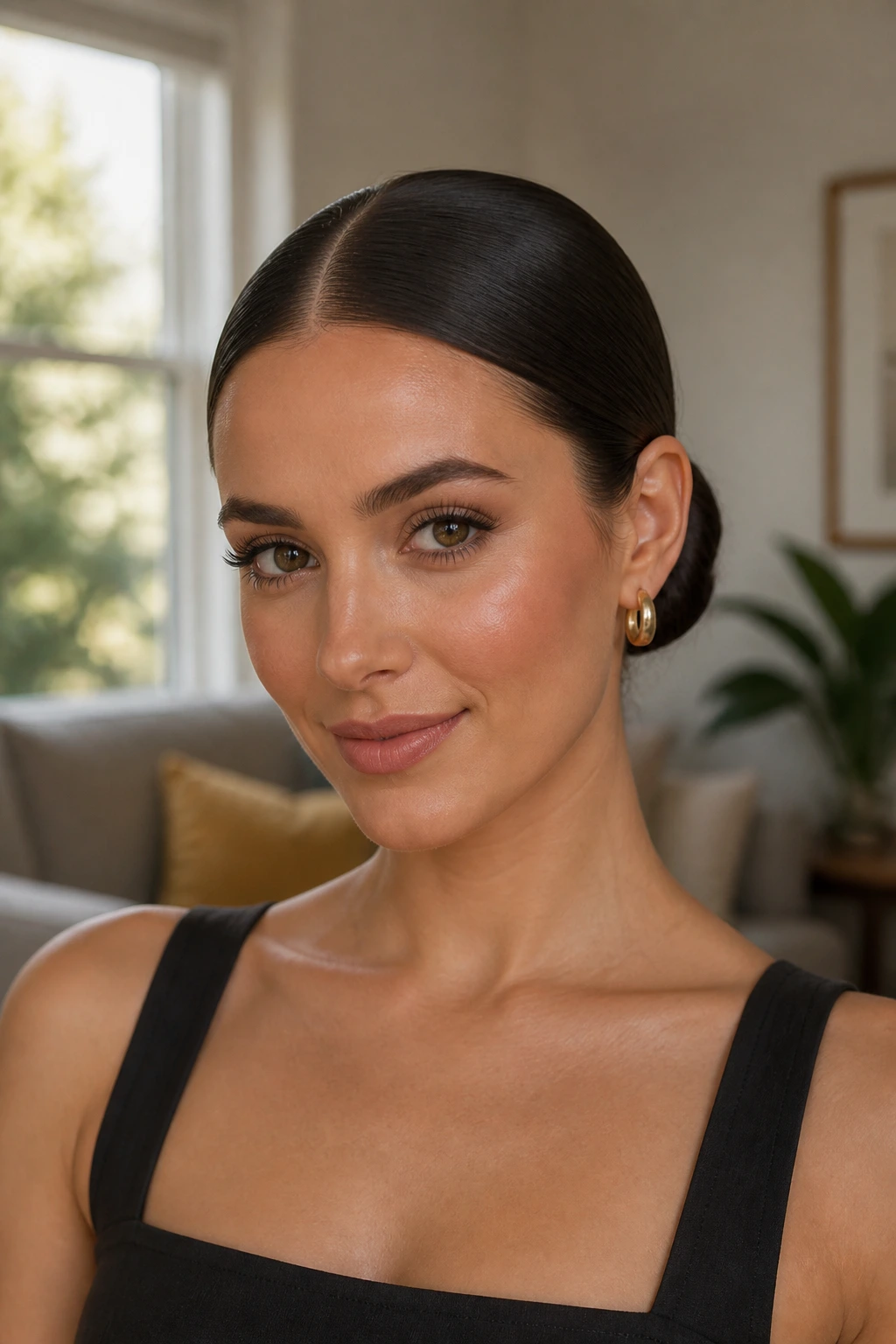 Close-up of a real woman with a sleek straight low knot at the nape, in warm window light