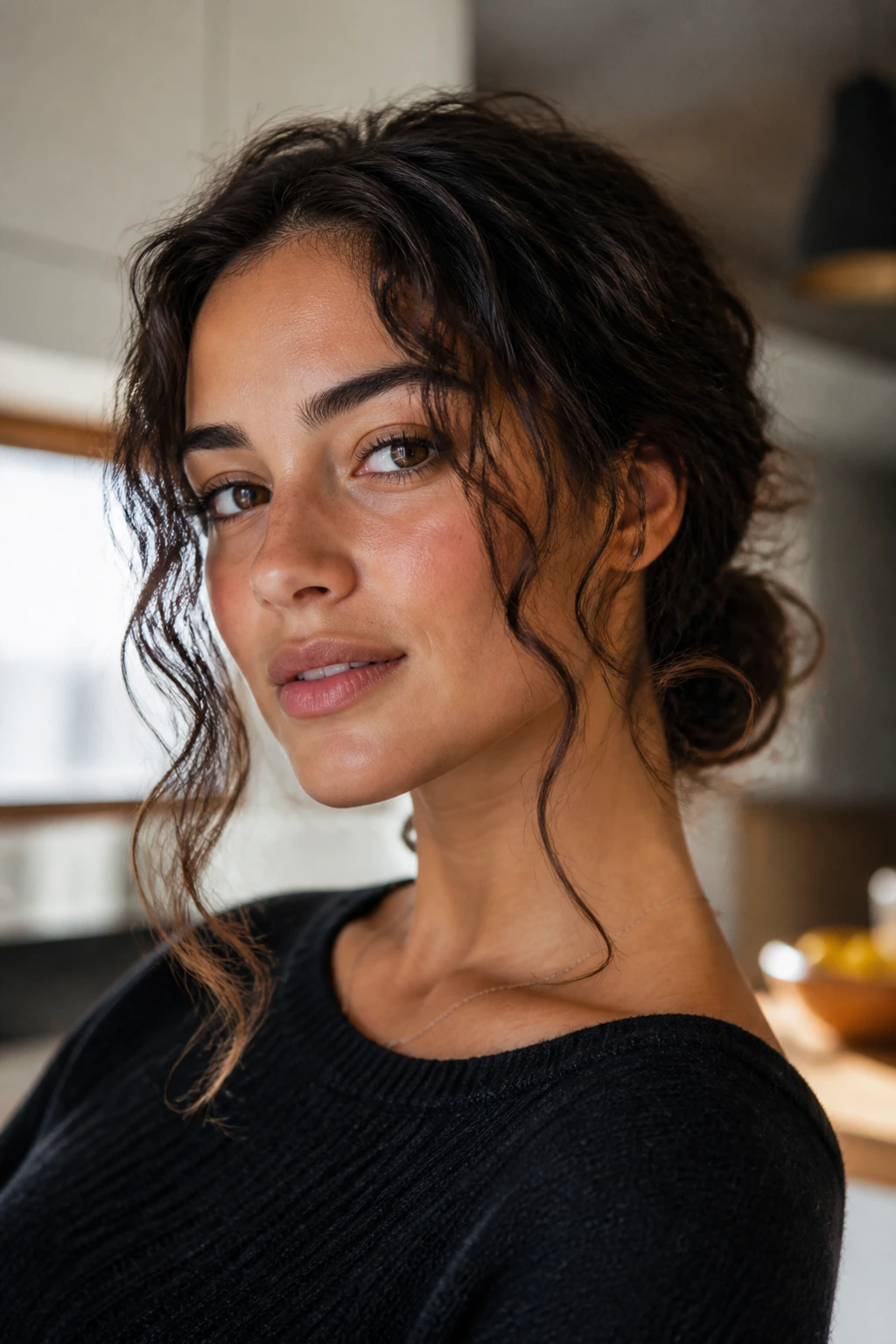 Close-up of a real woman with a low messy bun and face-framing pieces in 2B waves
