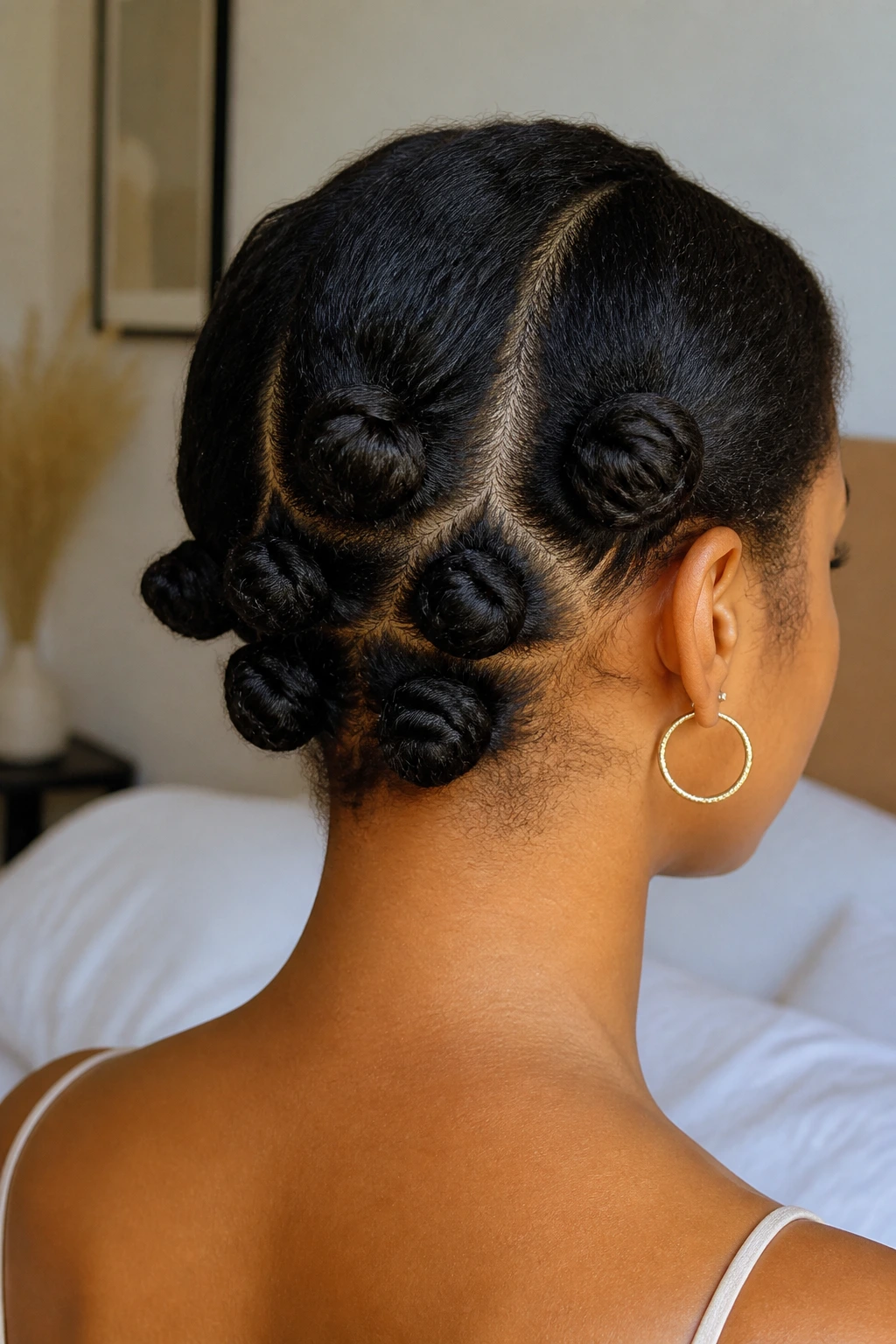 Back-of-head close-up of a real woman with low-nape Bantu knots in soft lighting