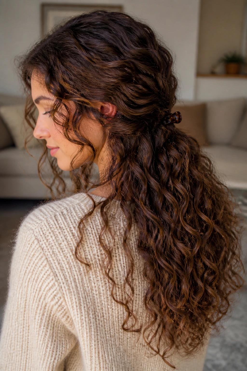Close-up of a real woman with a low nape clip and loose curls
