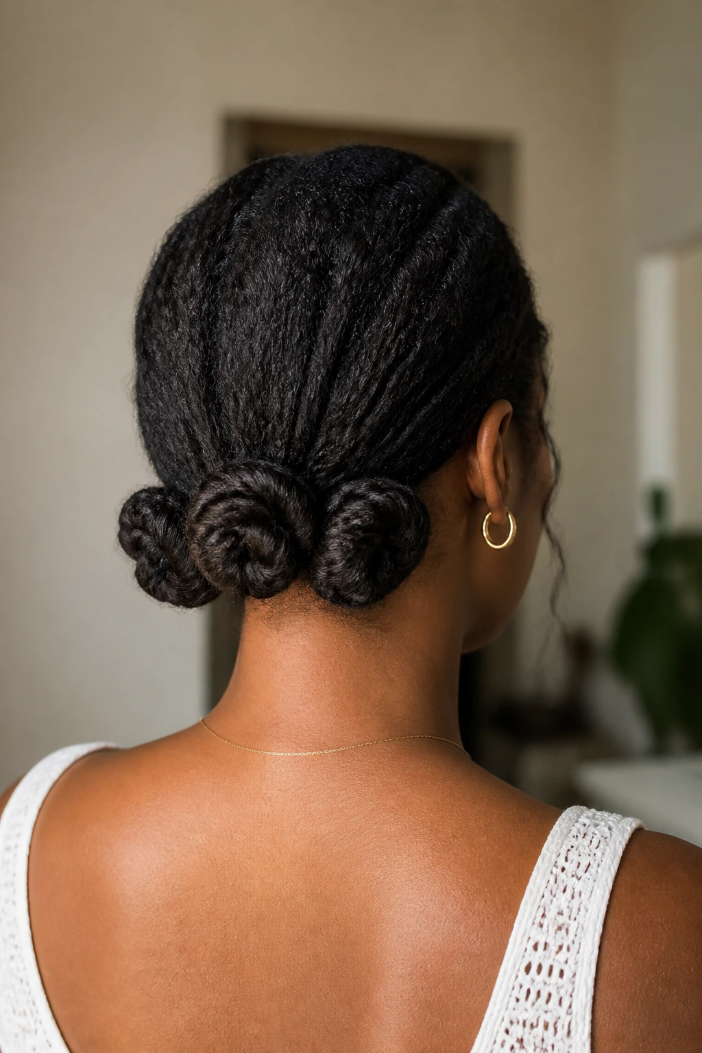 Rear view highlighting low nape knots arranged near the back of the head