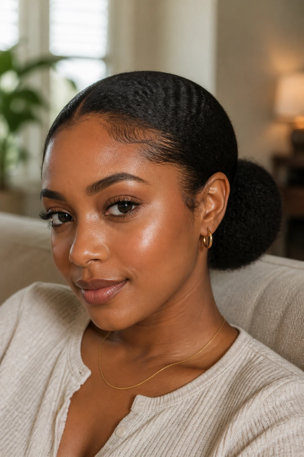 Portrait of a Black woman with a low nape puff at the back of the neck