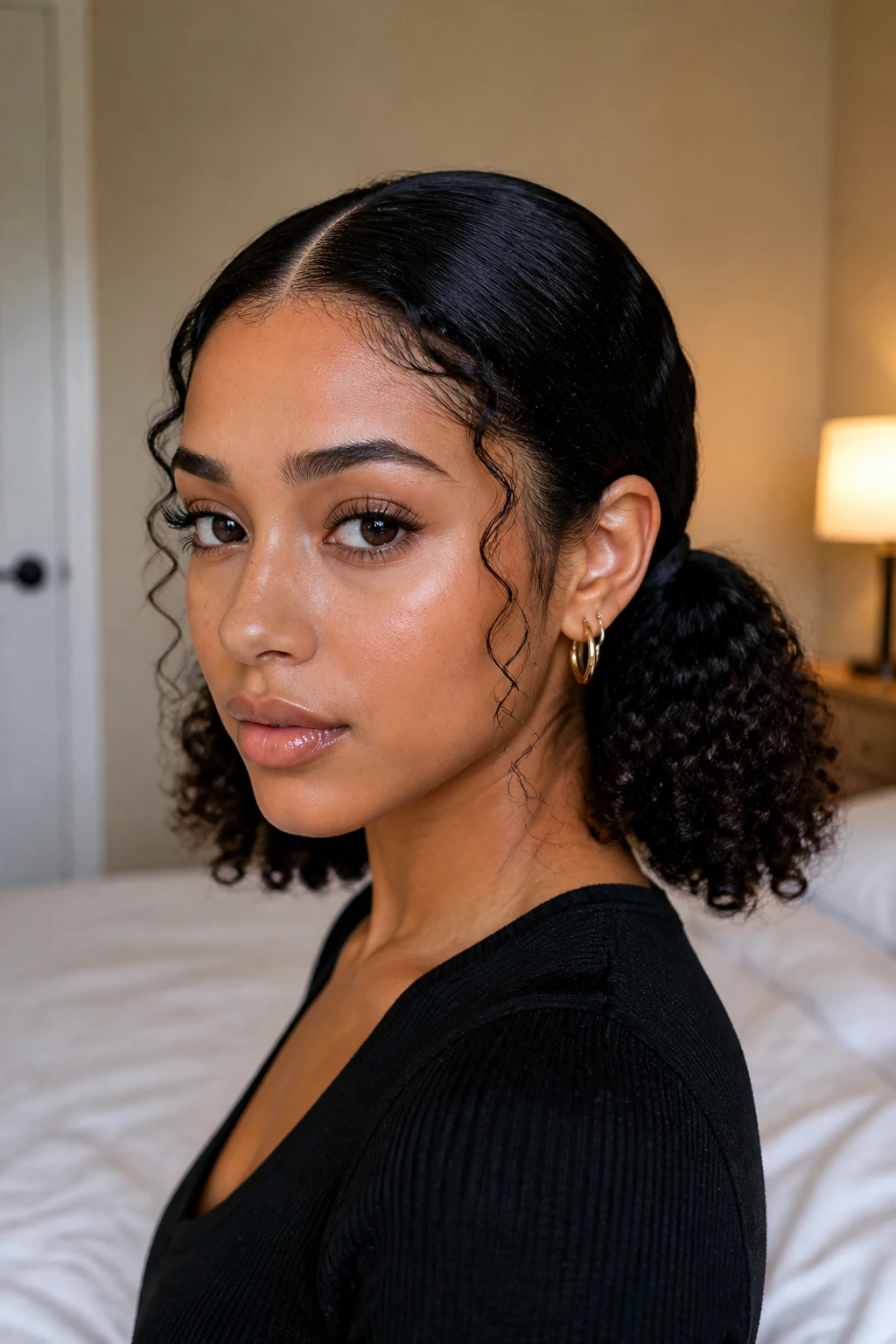 Close-up of a real woman with low curly pigtails and a smooth part at the nape