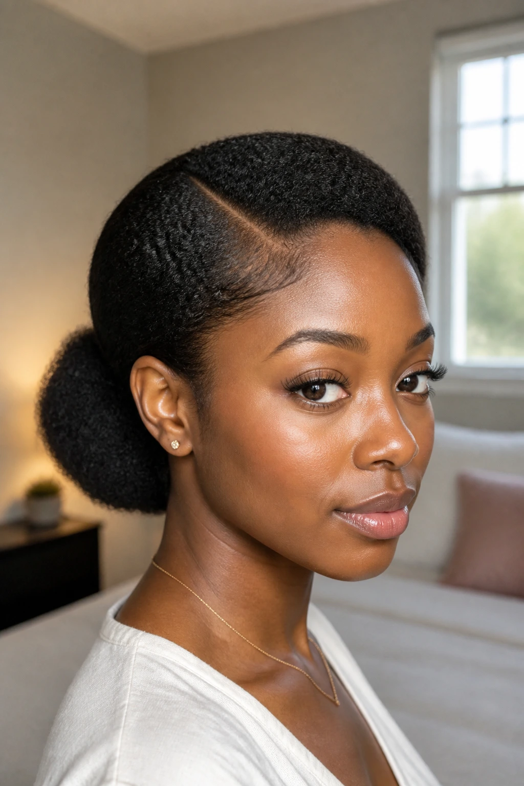 Medium close-up of a real woman with a low puff and side part in natural light