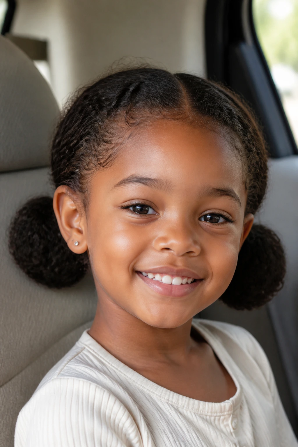 Close-up of a child with two low puff buns at the nape, curly texture prominent.