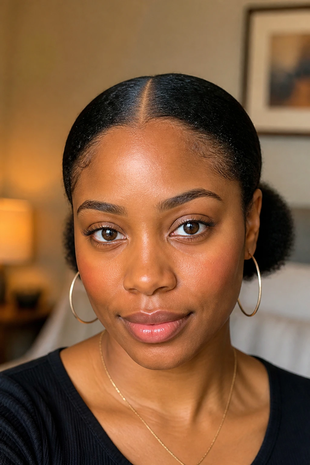 Close-up of a real woman with a low puff and center part hairstyle