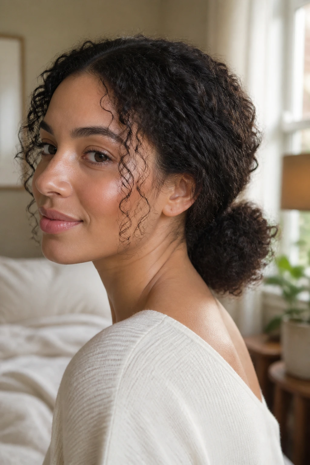 Close-up of a real woman with a soft low puff at the nape showing curl texture