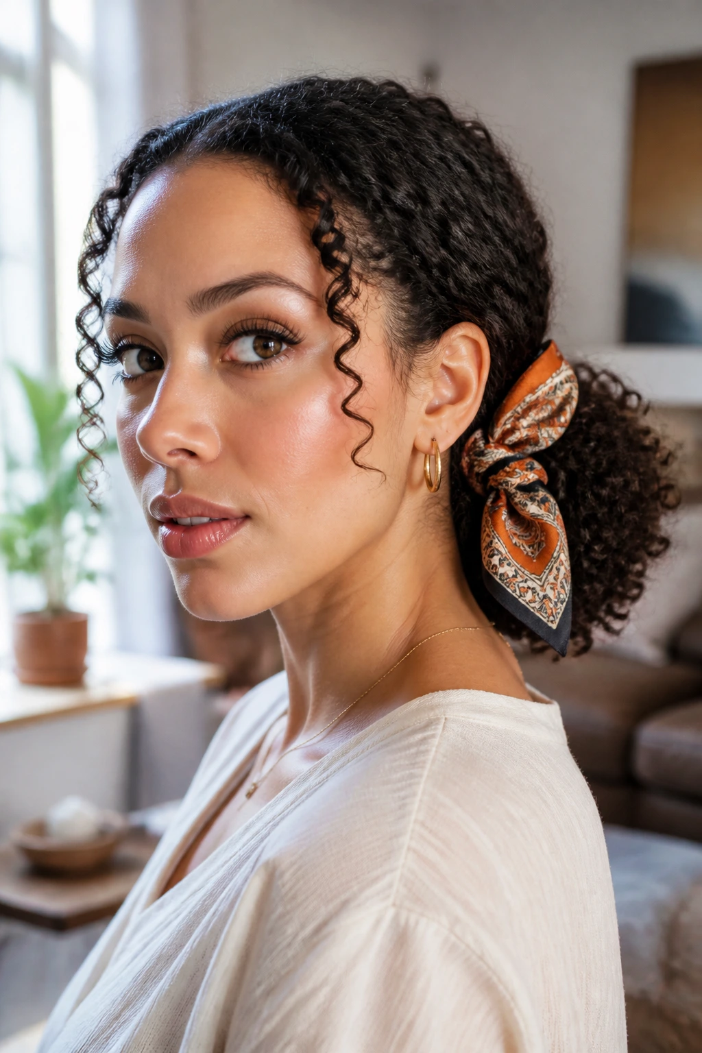 Portrait of a woman with a low puff and side knot scarf hairstyle
