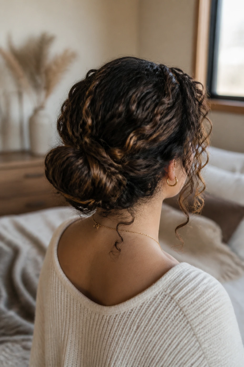 Close-up of a real woman with a low rolled bun at the nape, curls escape softly, warm natural bedroom light.