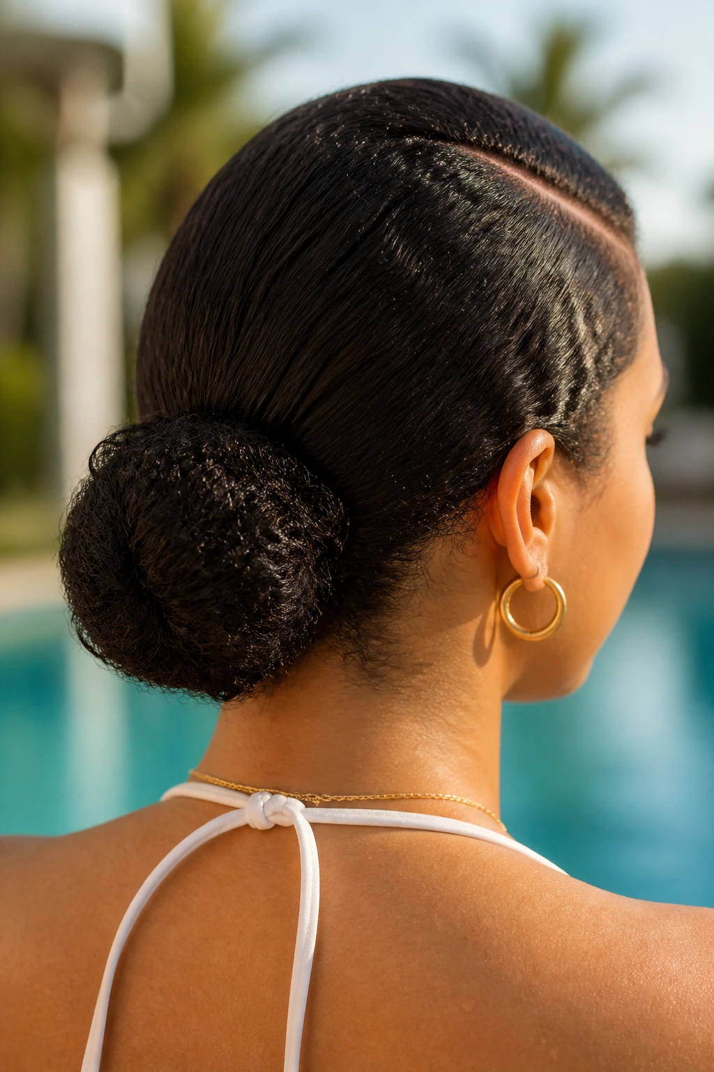 Back profile of a real woman with a low sleek bun for curly hair at poolside