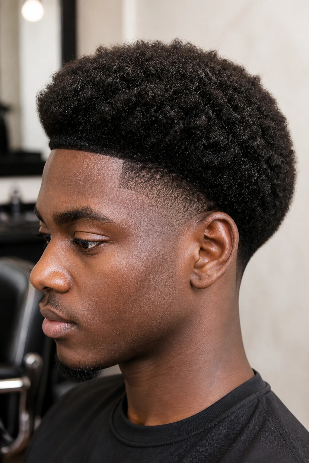 Close-up portrait of a real person with a low tapered afro for 4C hair in a salon setting