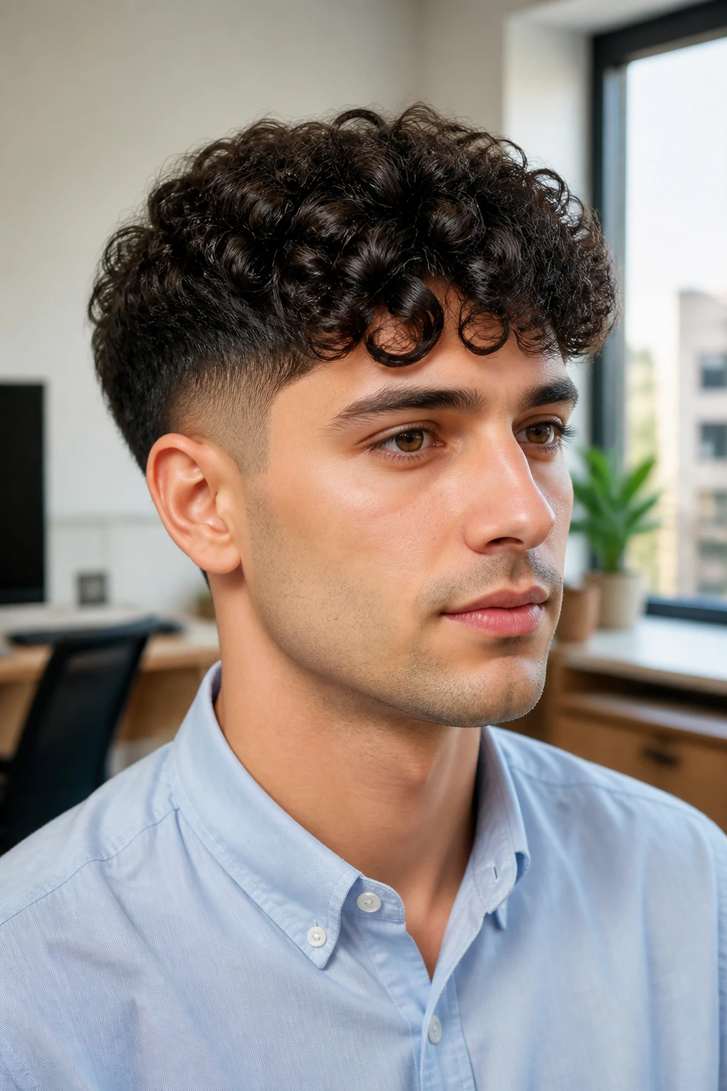 Close-up of a real person with a low curly undercut for office-friendly shape
