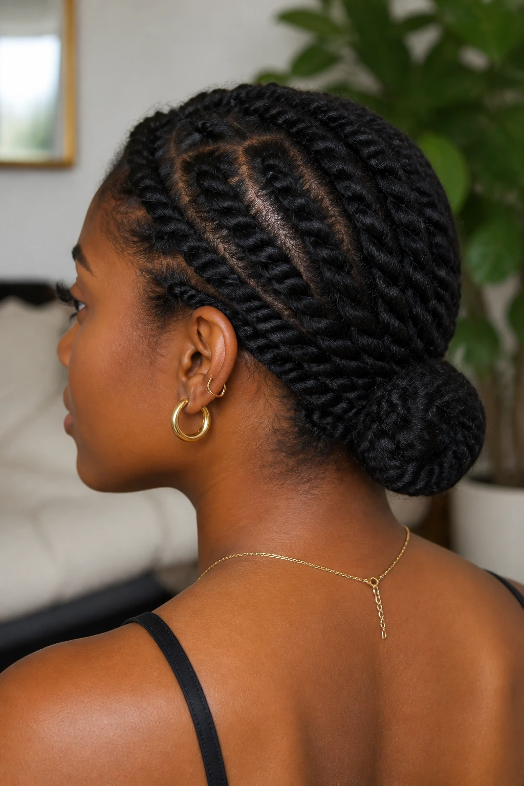 Close-up of a real woman with a neat low bun made from twists at the nape, soft natural light