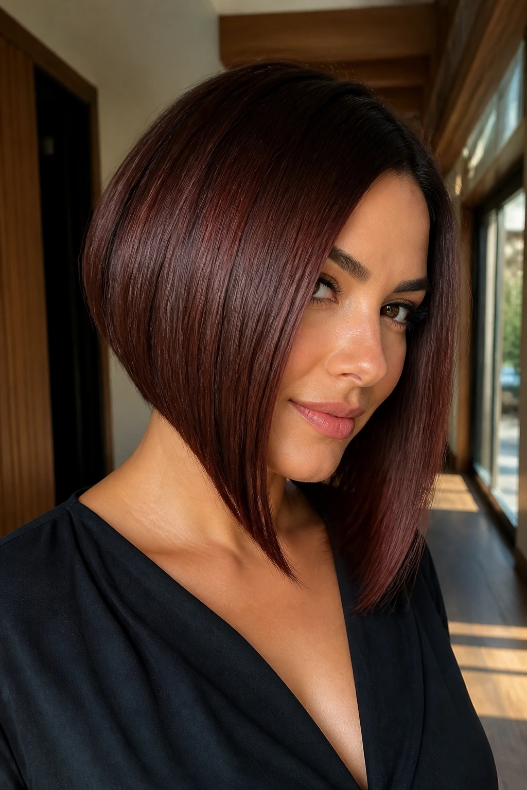 Real woman with mahogany angled bob, deep red-brown tones