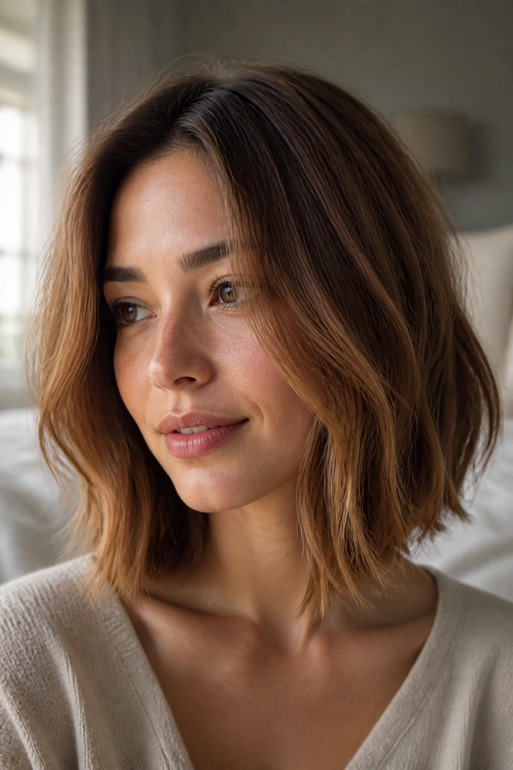 Portrait of a real person with a maple brown collarbone bob in warm tones